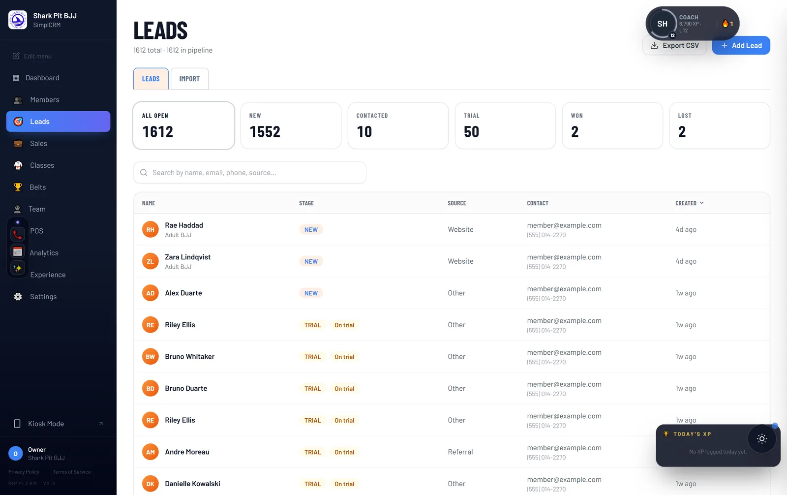 CragOps leads pipeline showing lead stages and follow-up tasks