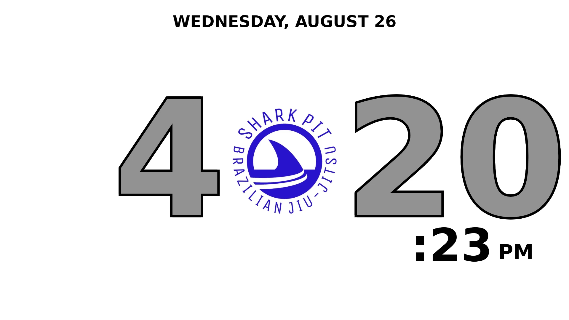 CragOps gym timer branded for Shark Pit BJJ — white background, grey digits and the club logo